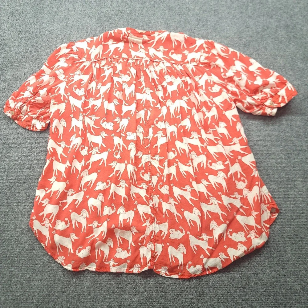 Anthropologie Emily Isabella Poodle Print Blouse Red White Short Sleeve M